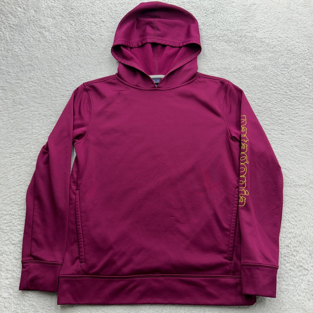 Patagonia Kids XXL 16-18 Magenta Purple Sleeve Logo Fleece Pullover Hoodie